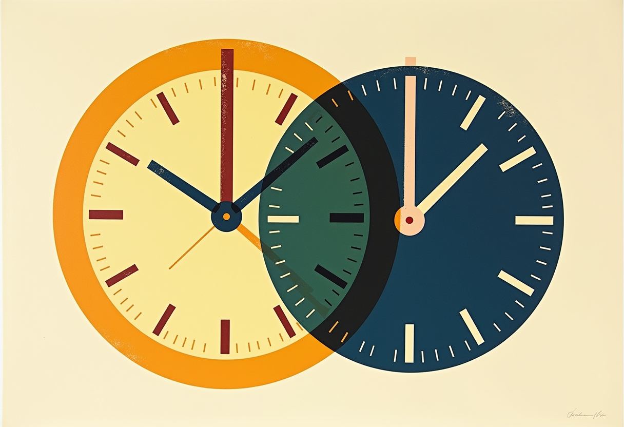 Two overlapping wall clocks, one orange-rimmed with cream face and dark red hands, one navy blue with cream hands, their dials blending green and black where they intersect.
