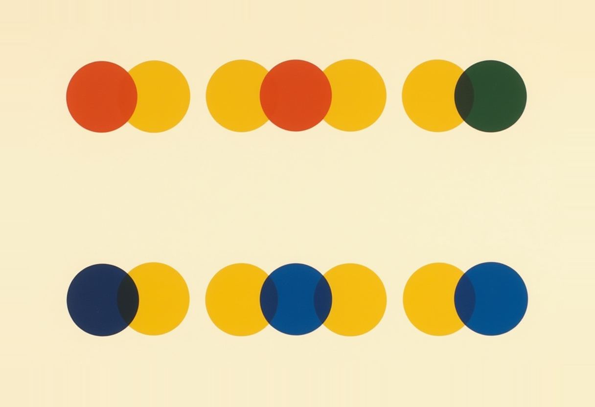 Two rows of overlapping colour circles on cream: top row red/yellow, yellow/red/yellow, yellow/green pairs; bottom row navy/yellow, yellow/blue/yellow, yellow/blue pairs.