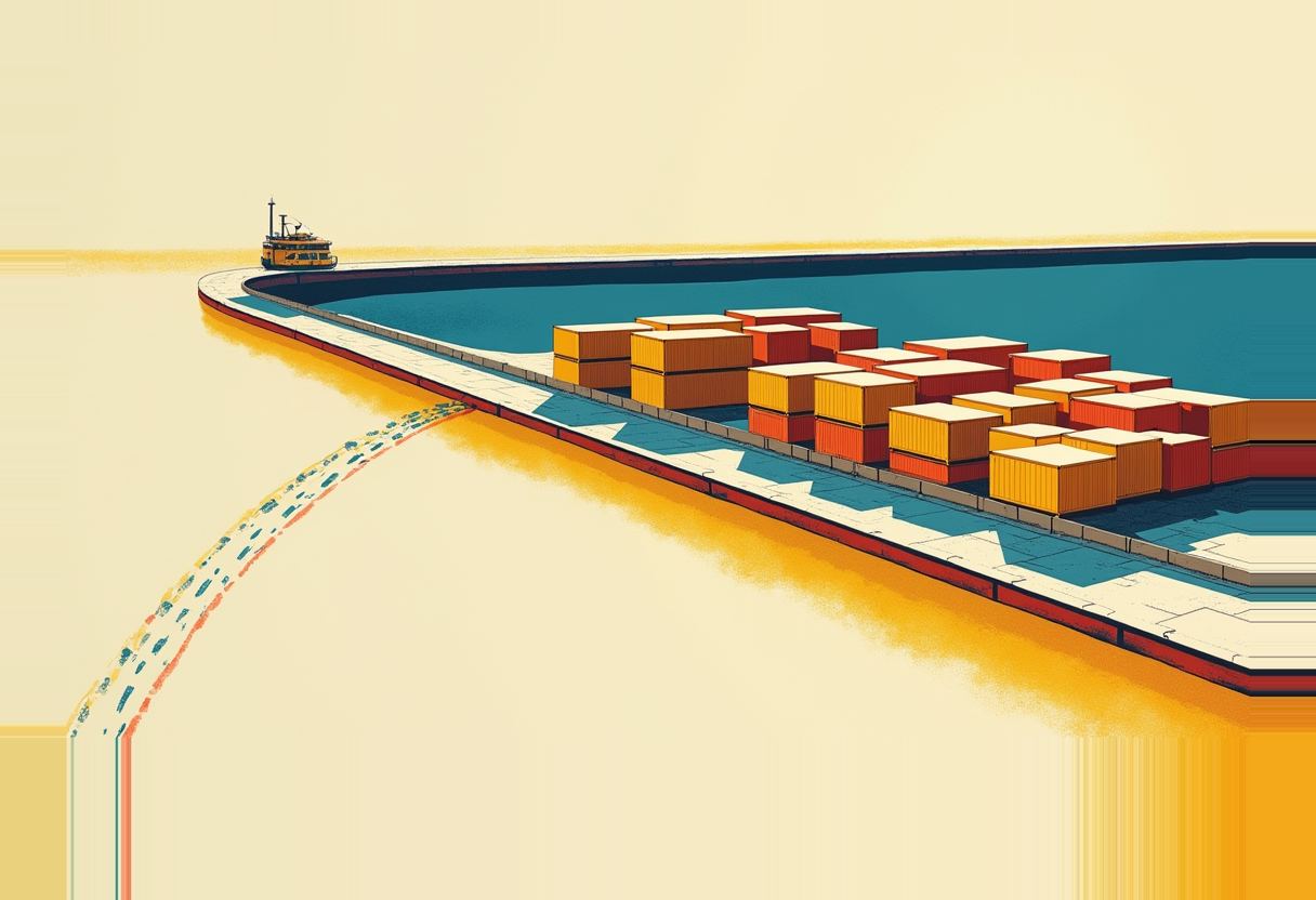 Illustration of stacked orange and yellow shipping containers on a curved dock beside blue water, with a small ship sailing away toward a pale horizon.
