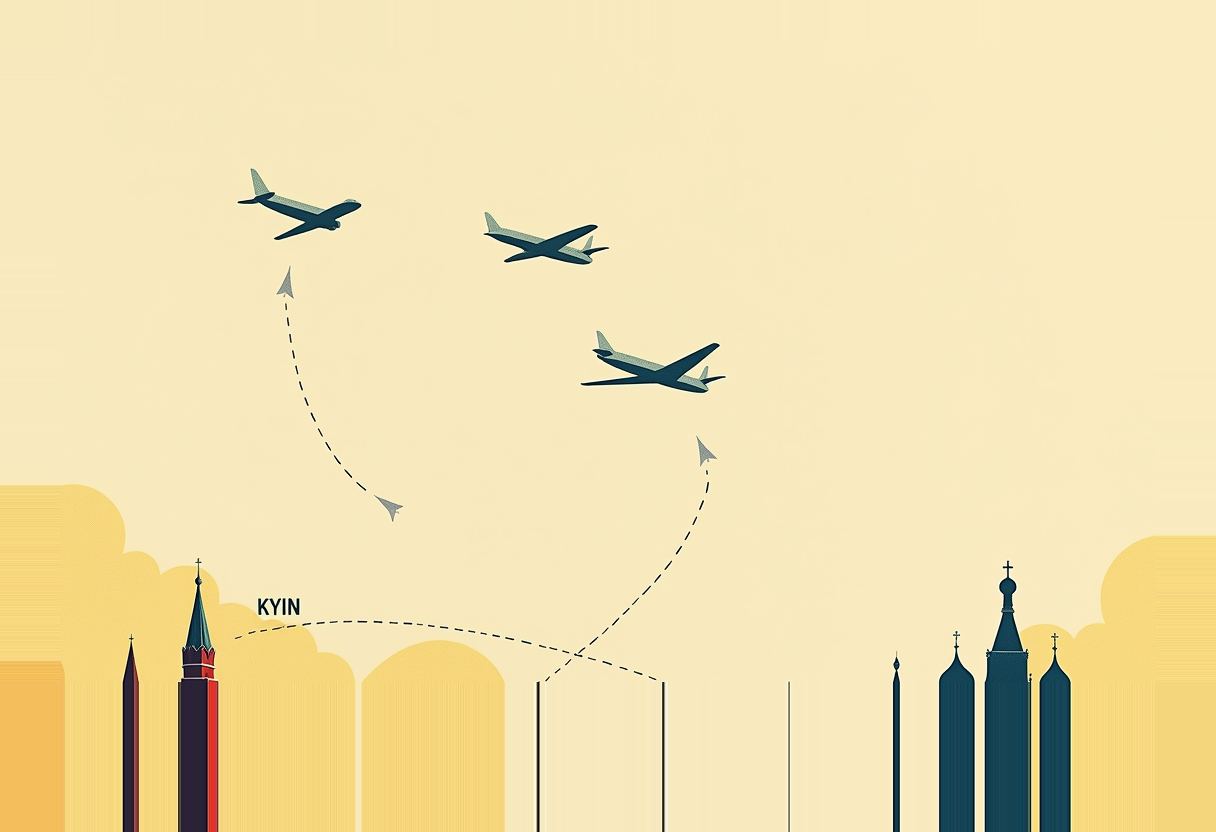 Three planes fly over a city skyline with spires labeled 'KYIN', with dashed flight paths crossing between towers and pale yellow sky.