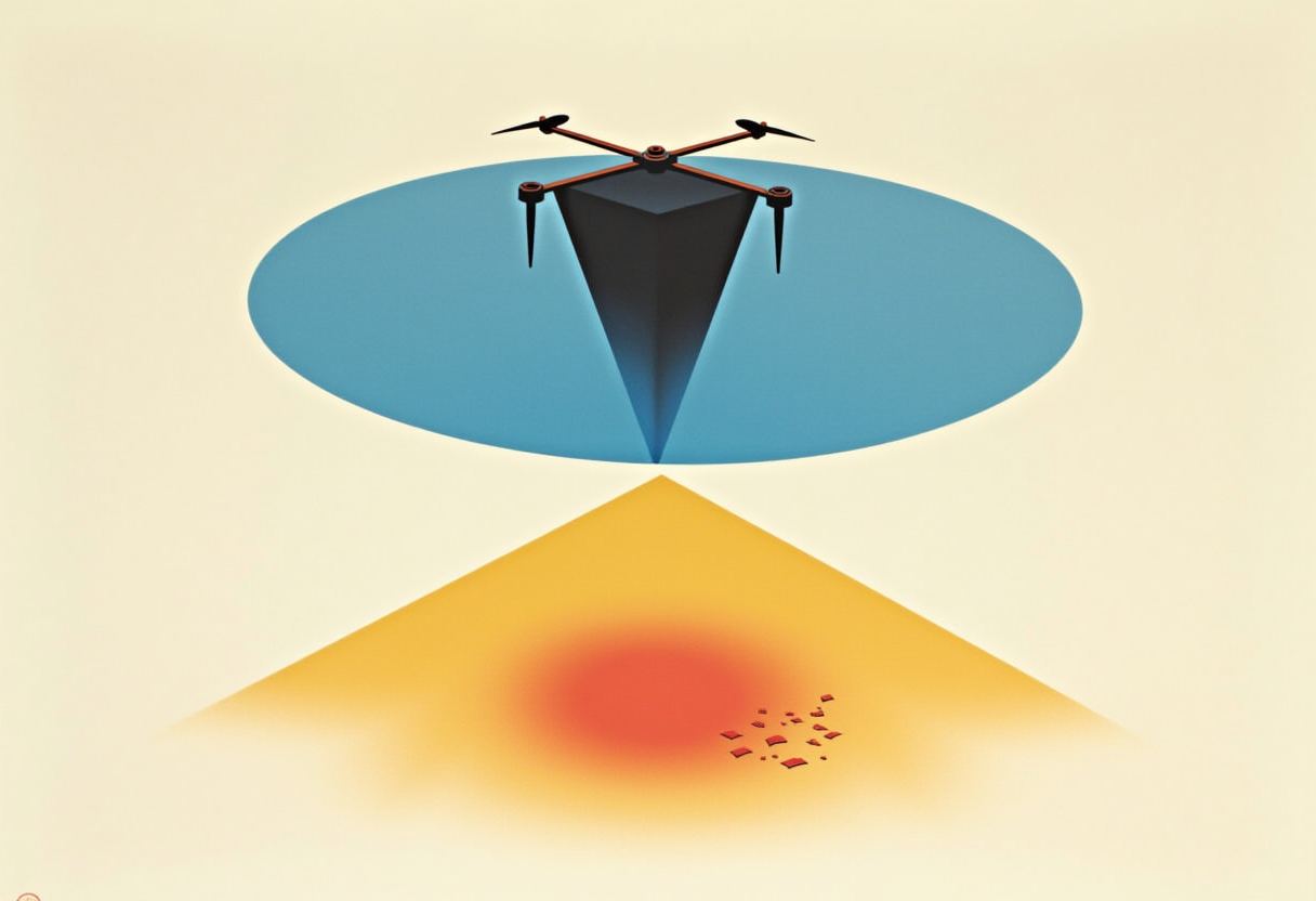 A dark drone with a downward-pointing triangular body hovers above a blue oval, over a yellow triangle beam with a red glow and scattered red shapes below.
