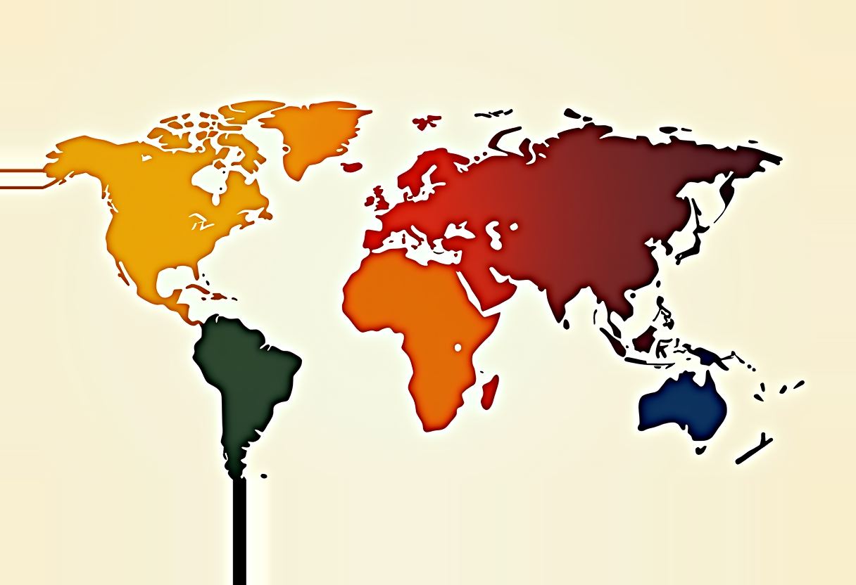 World map on cream background with continents colored yellow, orange, dark red, dark green, and navy, with a black line extending below South America.