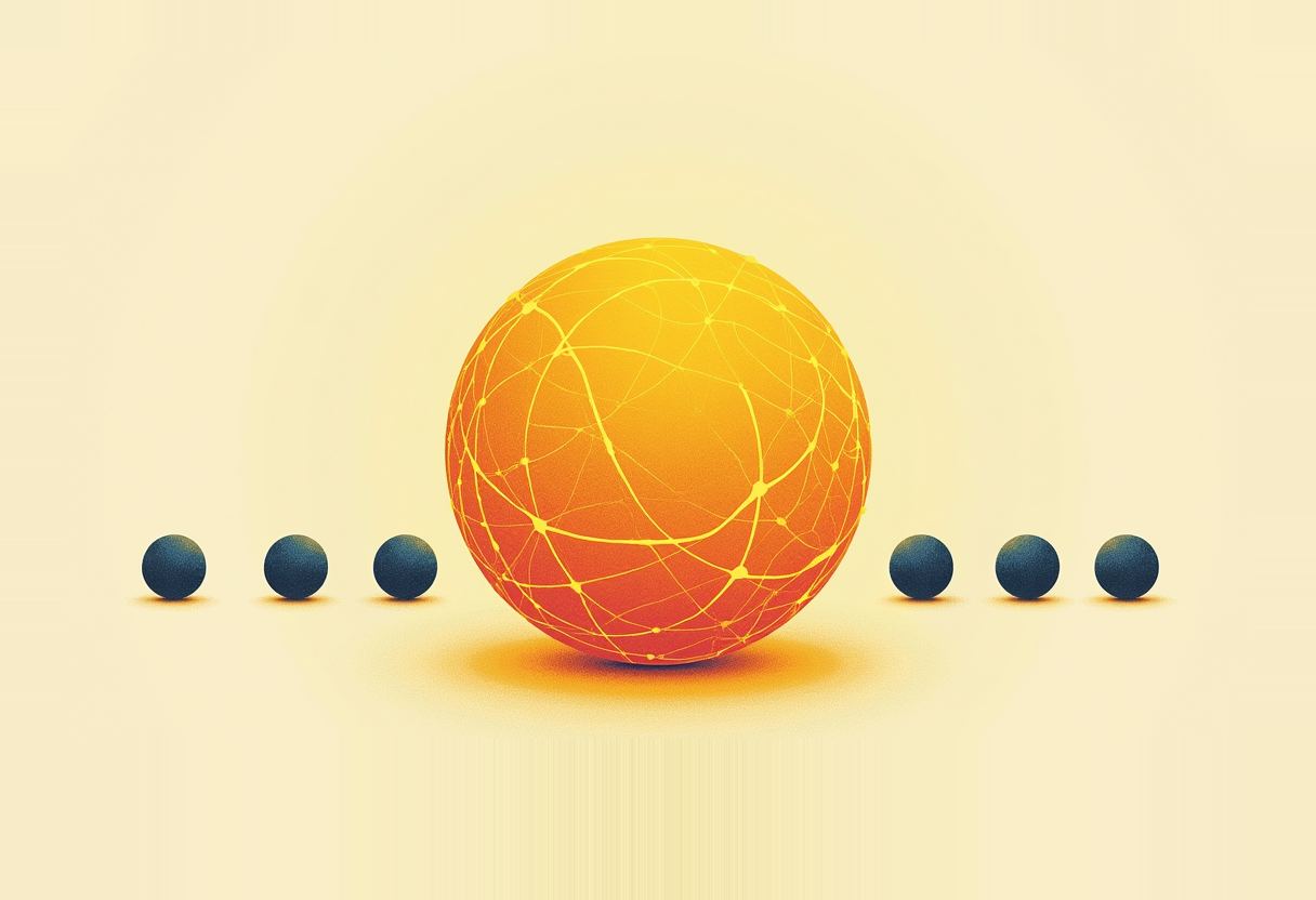 A large orange sphere with a glowing network pattern sits between two rows of three small dark spheres, on a pale yellow background.
