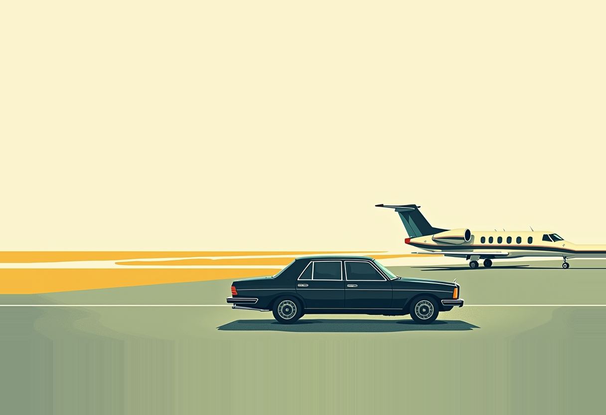 A dark sedan parked on a tarmac beside a small private jet, under a pale sky with an orange horizon band and muted green ground.