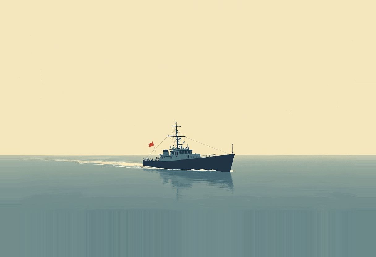 A dark blue boat with a white cabin and small red flag sails across calm water under a pale yellow sky, leaving a wake behind it.