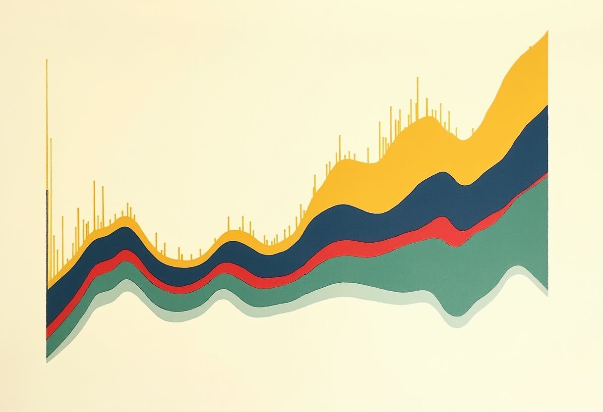 Layered wavy chart in yellow, dark blue, red, and green bands rising left to right on a cream background, with thin yellow spikes near the peaks.