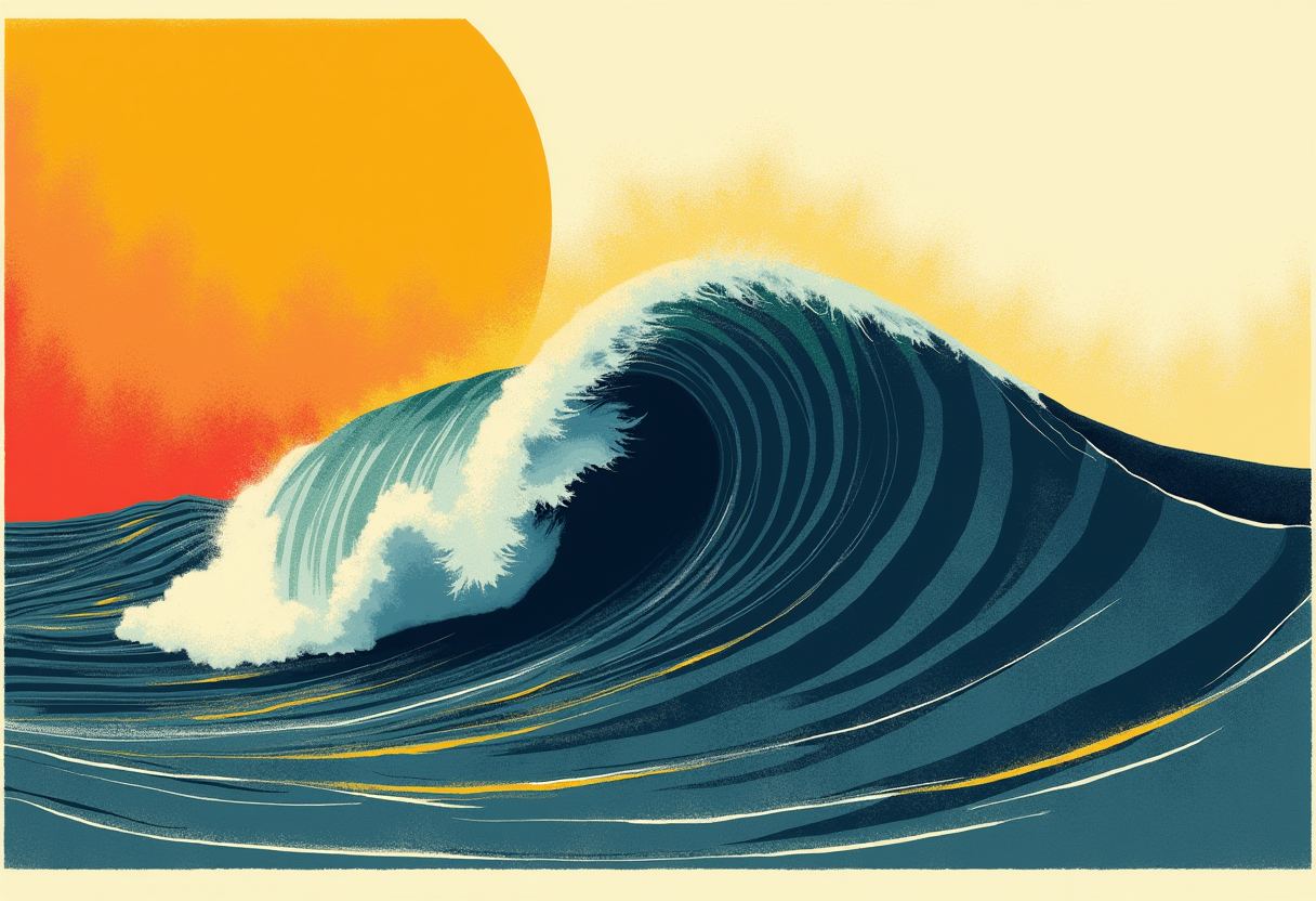 A large curling blue-green ocean wave with white foam crest breaks against an orange and red sunset sky.