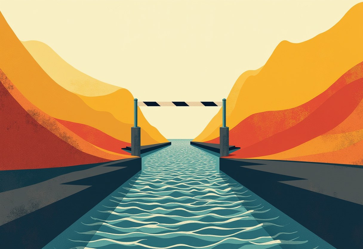 Abstract risograph poster: a striped toll-barrier gate stands raised and open over a narrow channel of choppy water passing through a chokepoint between two headlands — a tollgate lifted over a contested strait.