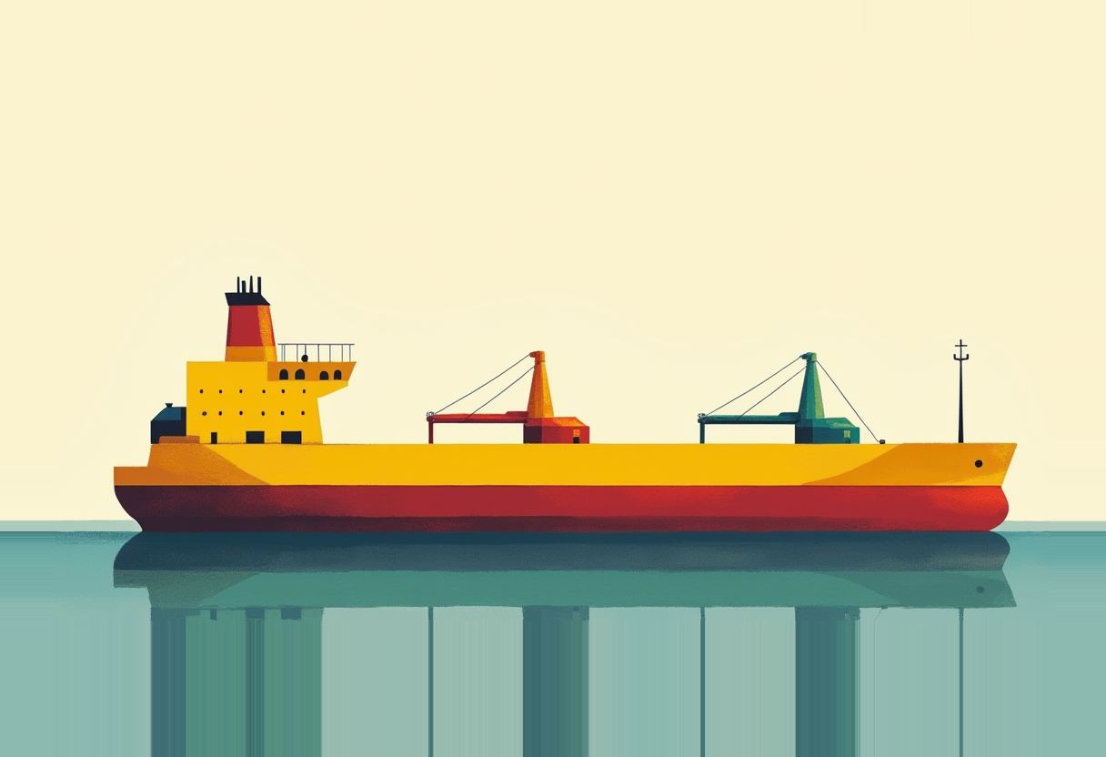 A yellow and red cargo ship with two crane towers sits on calm teal water under a pale yellow sky, its hull reflected below.