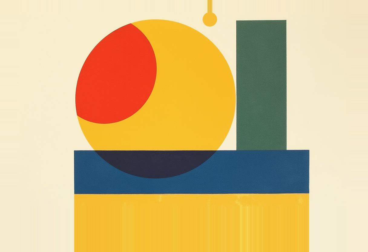 Flat geometric screenprint: a vermilion ring overlapping a cobalt rectangle, a golden-yellow bar beneath, on warm off-white