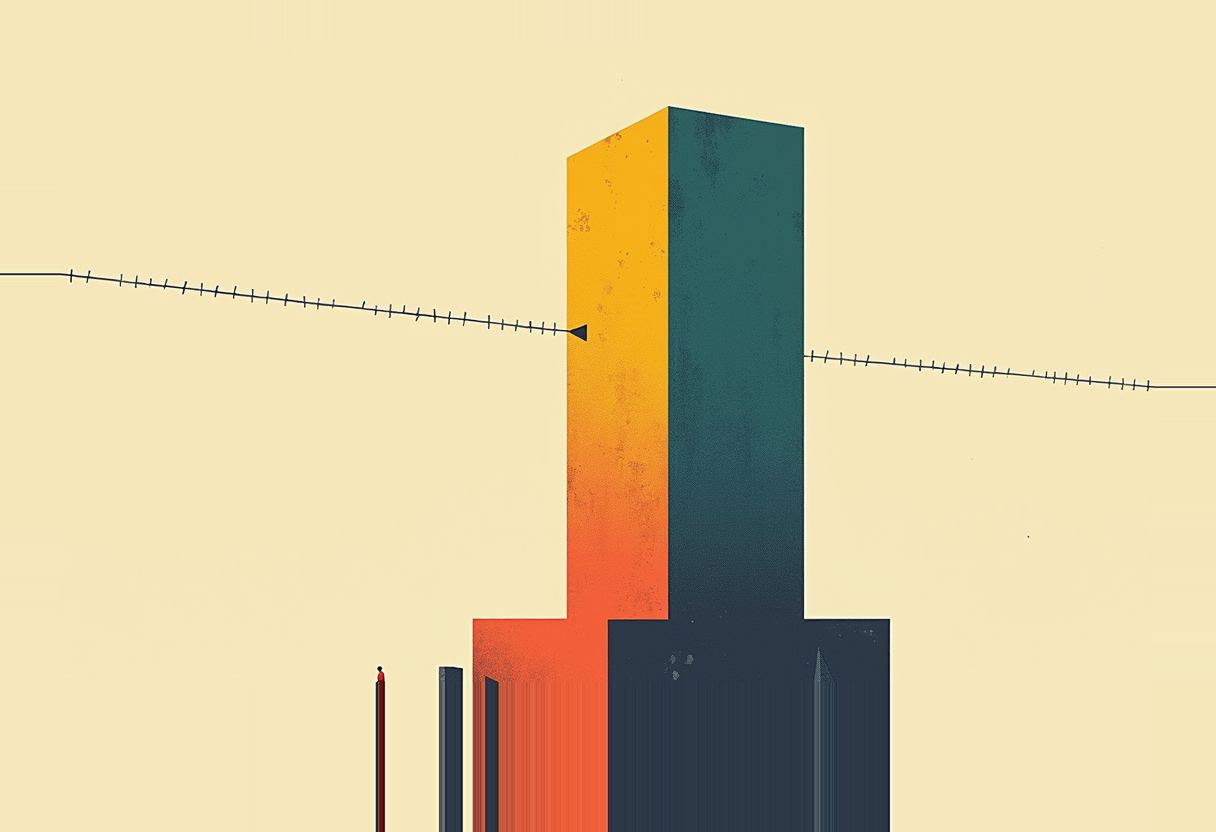 A tall two-tone orange-yellow and teal skyscraper on a cream background, crossed by a horizontal dashed measuring line with an arrow, with a small red human figure and gray pillars at its base.