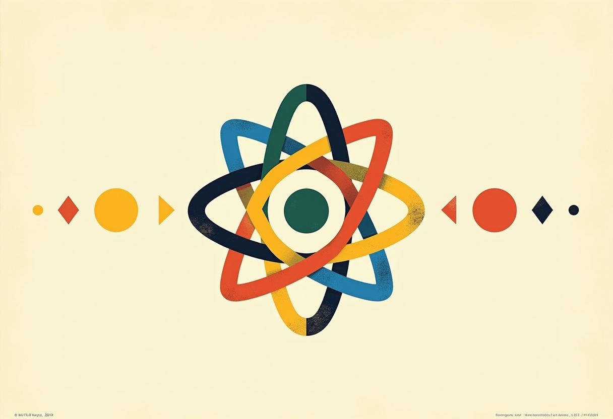 A stylized atom icon with blue, red, dark navy, and yellow orbital rings around a green nucleus, flanked by rows of small circles, diamonds, and triangles on a cream background.