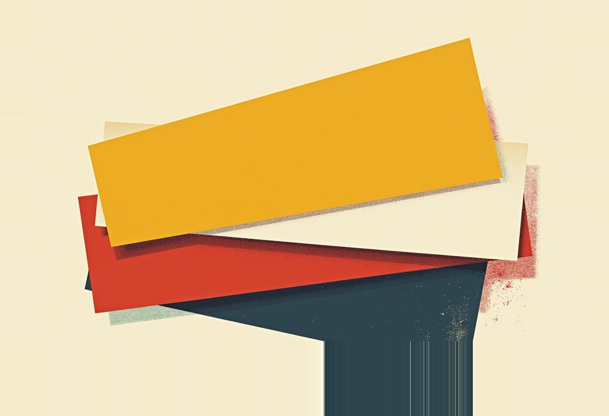 A stack of overlapping rectangular banners in yellow, cream, red, and dark teal, splattered with red and gold speckles, on a pale cream background.