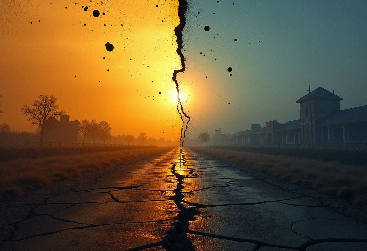 A jagged black crack splits a cracked road and sky in half, orange and glowing on the left, blue-grey on the right, with dark spots scattered above.