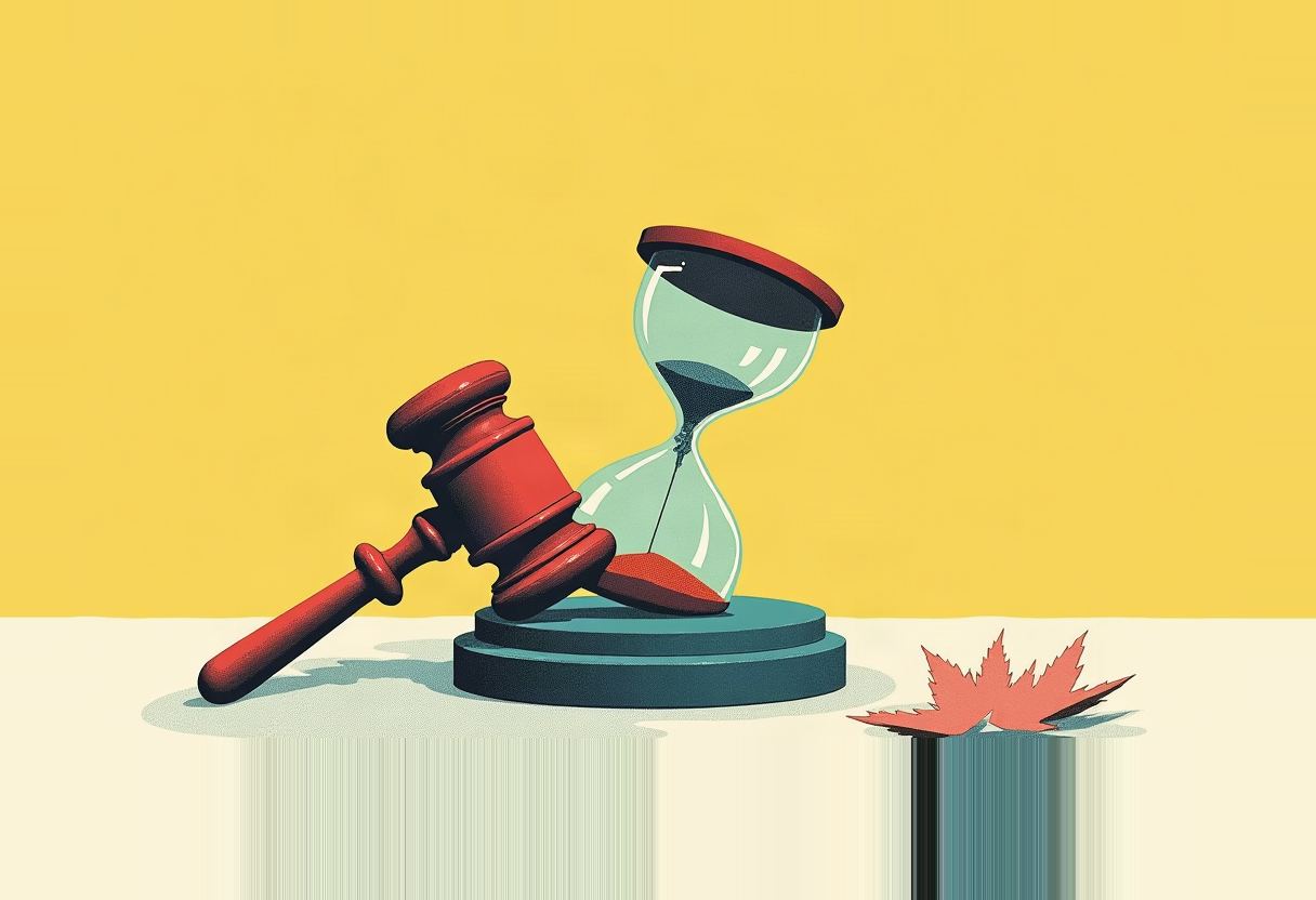 A red gavel rests against a green hourglass with black sand on a teal base, beside a torn red maple-leaf shape, against a yellow and cream background.