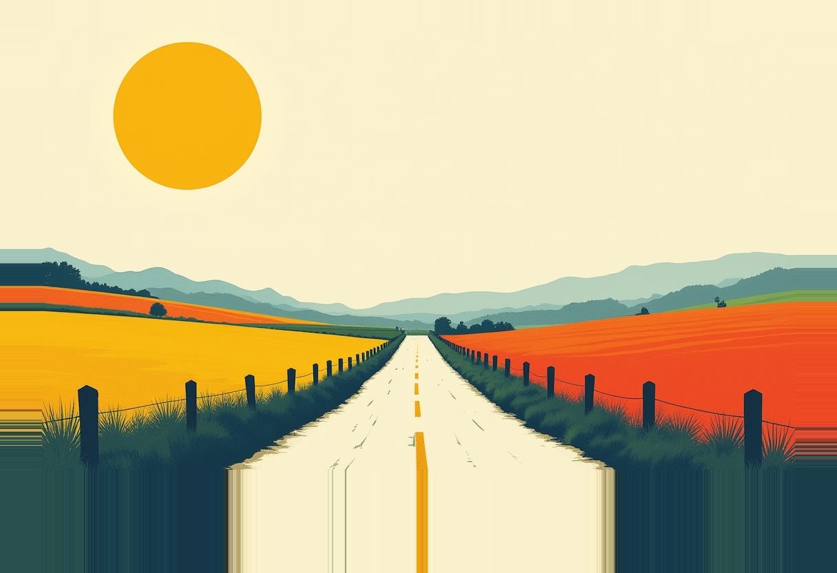 A straight road with a yellow center line runs between a yellow field on the left and an orange-red field on the right, under a large yellow sun and hazy blue mountains.