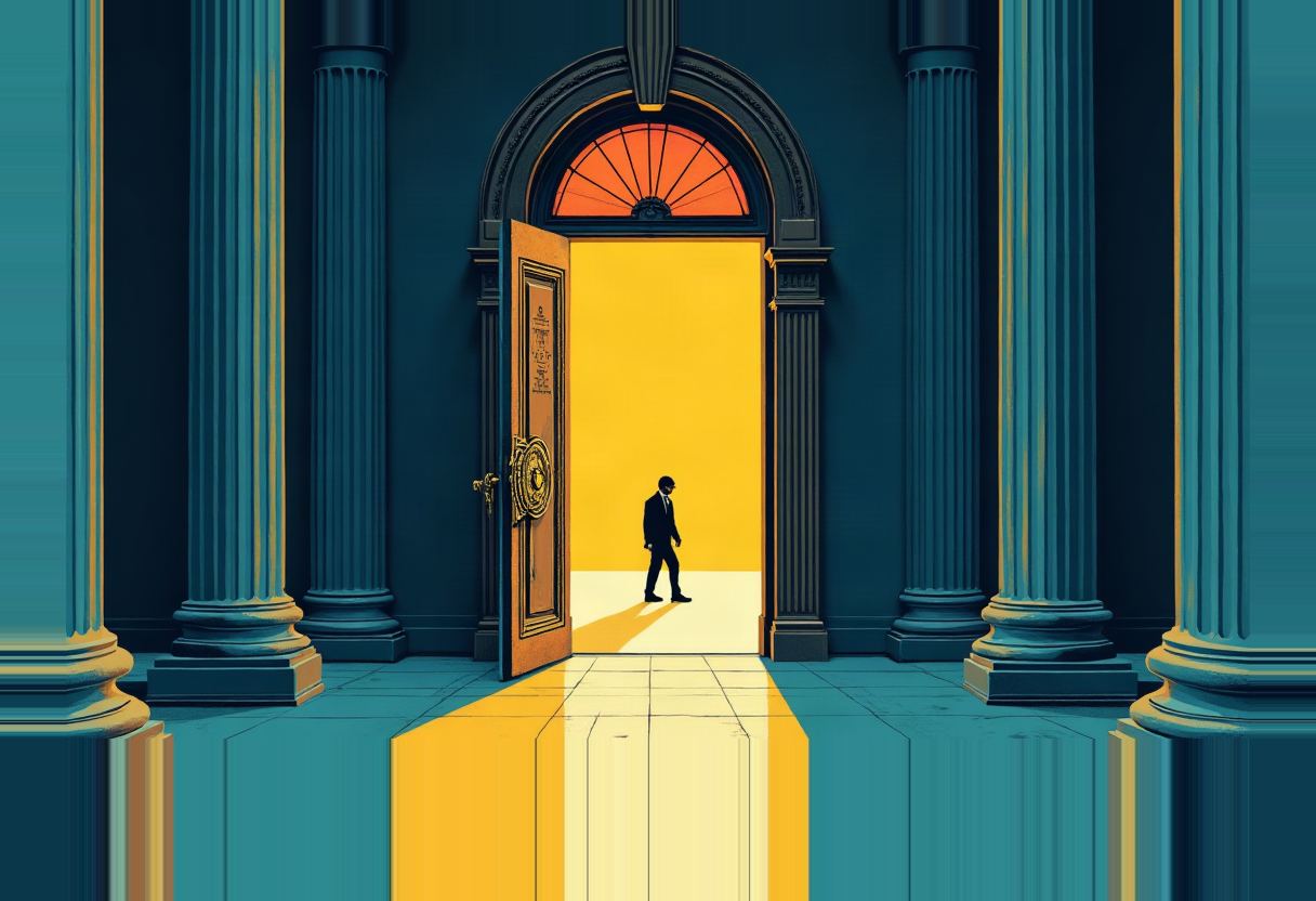 A silhouetted figure in a suit walks through an open door glowing yellow, framed by tall teal columns of a bank-like building.
