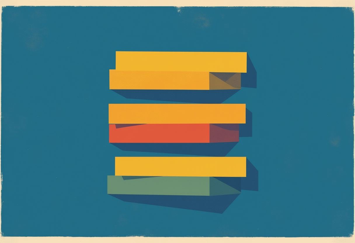 Three pairs of overlapping horizontal bars in yellow over olive, orange over red, and yellow over green, cast dark shadows on a teal background.