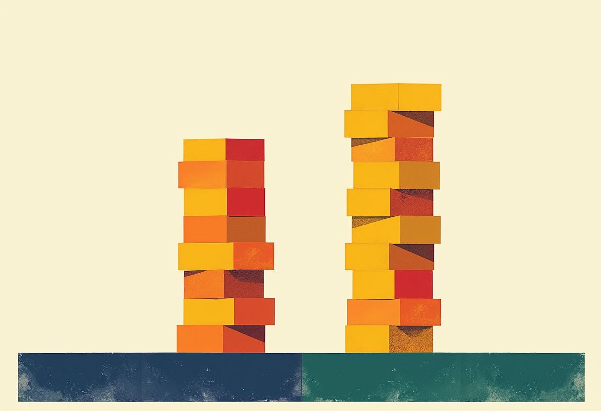Two stacked towers of yellow, orange and red blocks stand on a horizontal bar split blue on the left and teal on the right, against a cream background.