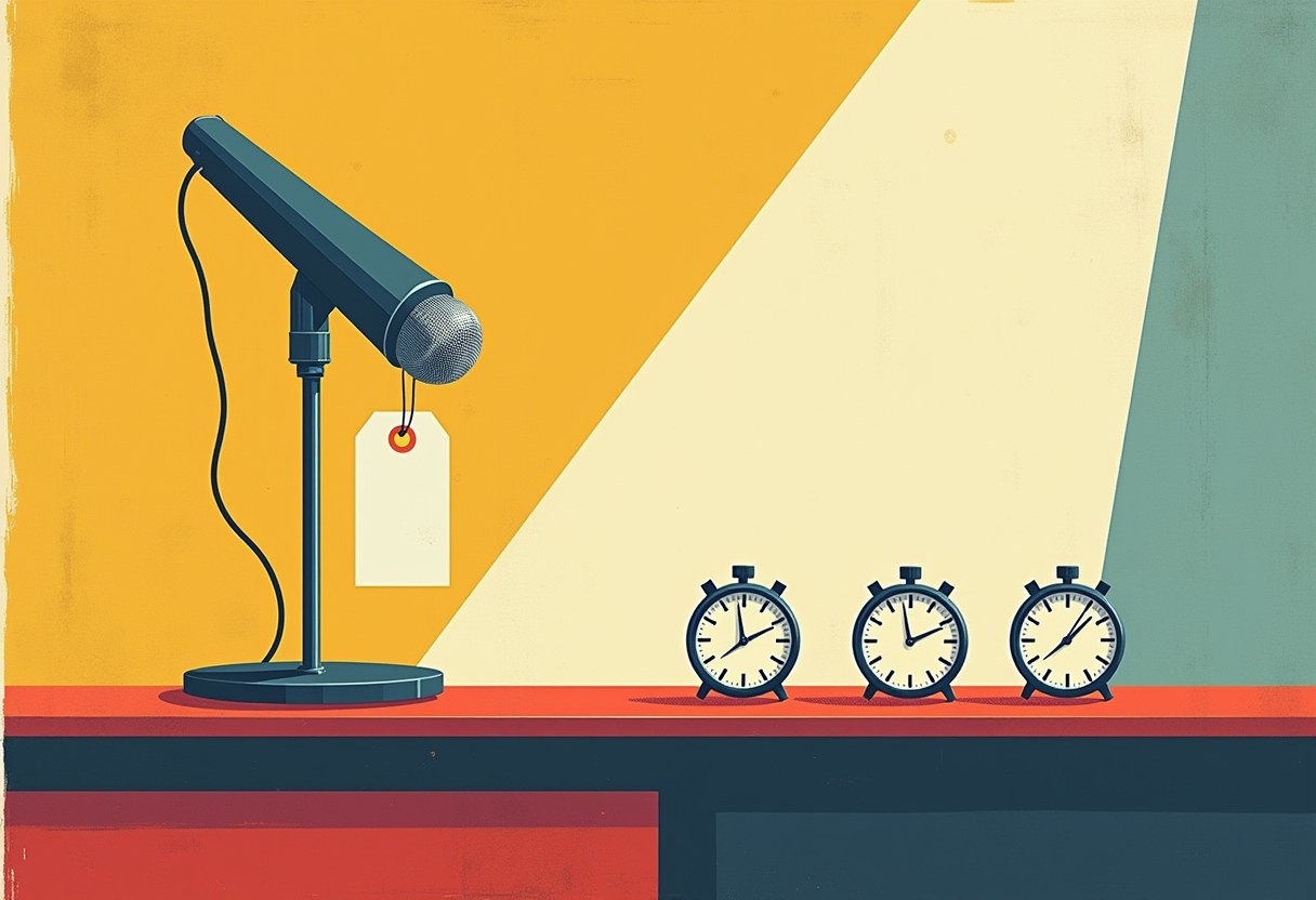 Editorial illustration: a news-desk microphone with a blank price tag and a row of wristwatches laid out like merchandise for sale