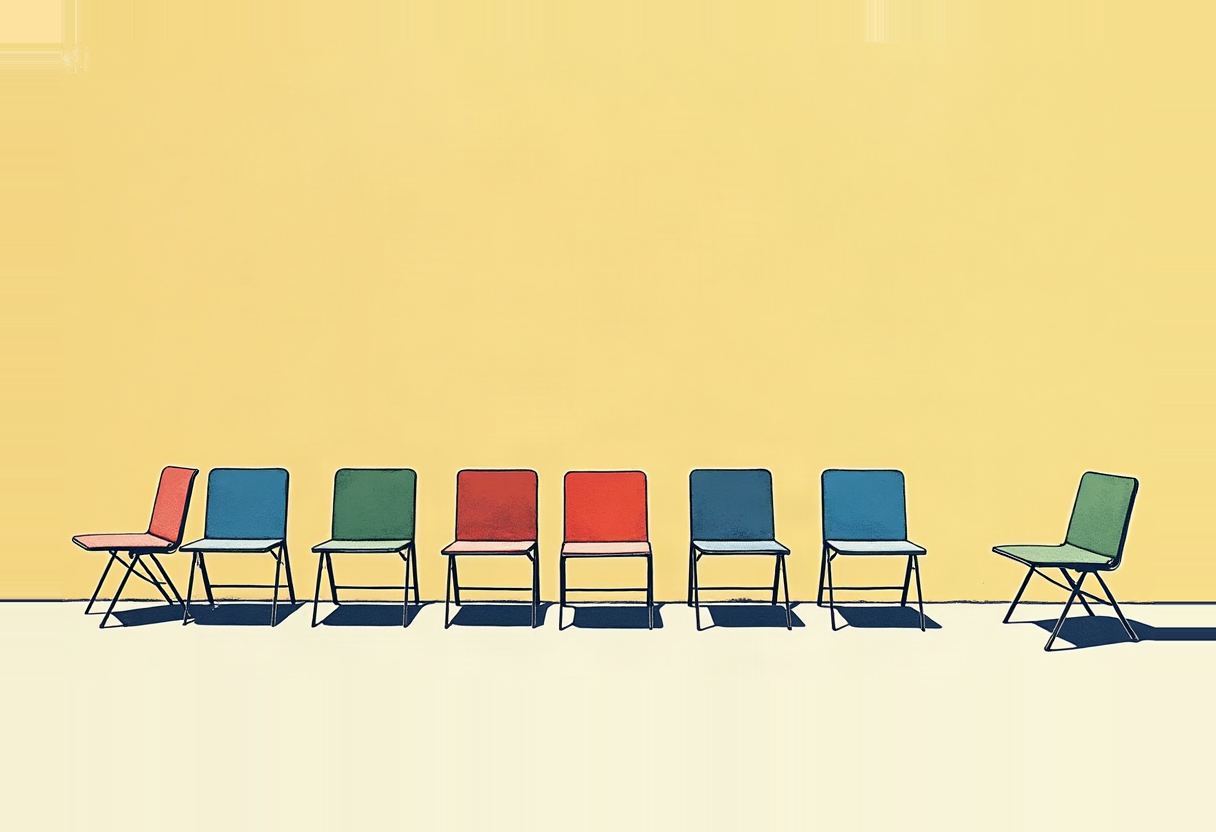 Flat screenprint illustration of white folding chairs in tight rows on a dawn plaza, one green chair pulled out of line standing apart in its own shadow, small distant figures at the plaza edge