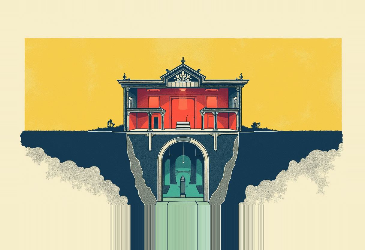 Cross-section of a columned building with a red interior above ground and a teal arched chamber below, set against a yellow sky and dark soil.