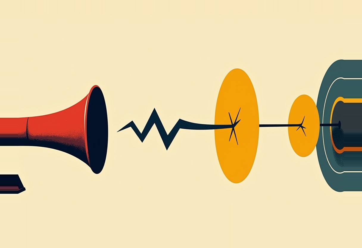 A red horn emits a jagged black lightning-bolt line that pierces two orange discs before reaching a dark teal cylindrical structure, on a cream background.