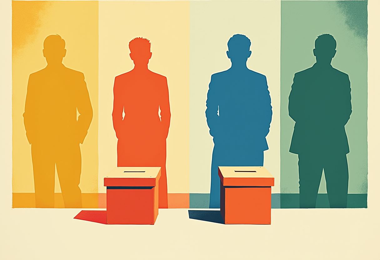 Four silhouetted men in suits stand facing away against yellow, orange, blue, and green backdrop panels, with two ballot boxes with slotted lids placed between them.