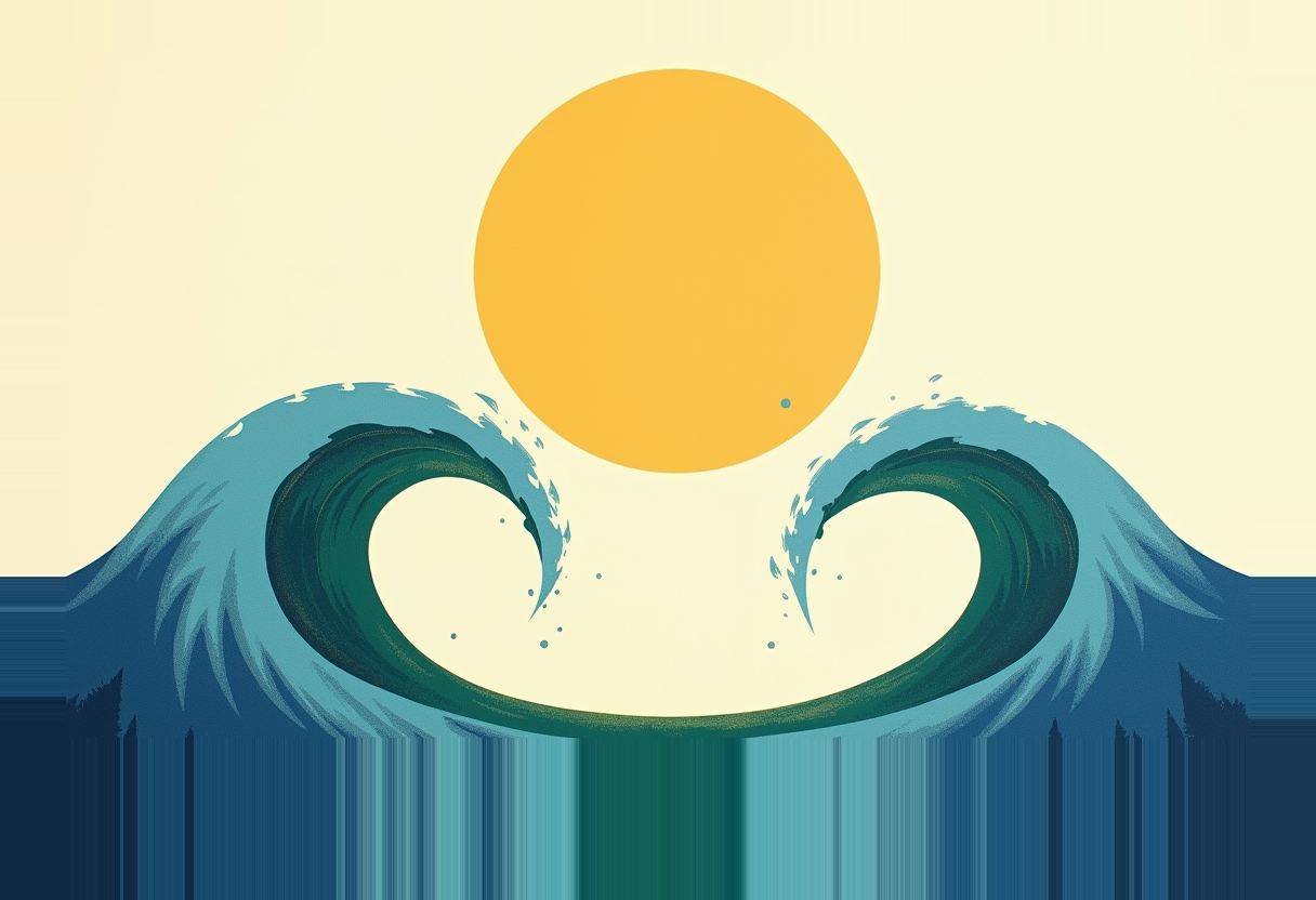 Two curling teal-blue ocean waves part symmetrically like open jaws beneath a large orange sun on a pale yellow background.