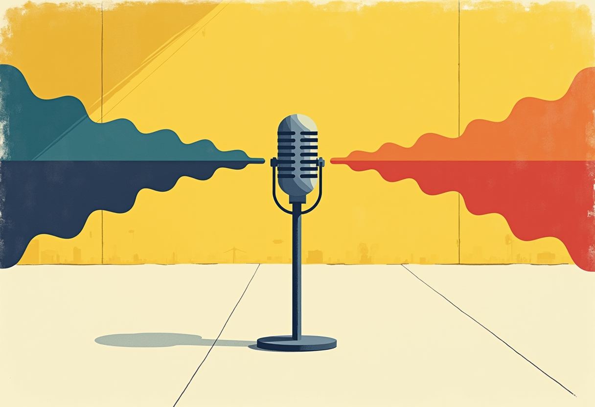Editorial illustration of one statement splitting into two opposite sound waves, one solid and one hollow
