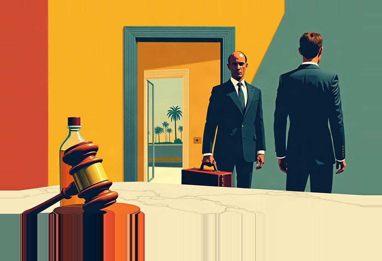 Two men in dark suits stand by a doorway framing palm trees, one holding a red briefcase, beside a wooden gavel and bottle on a marble counter.