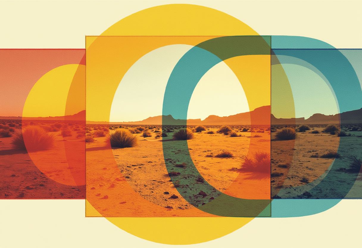 A desert landscape with scrub brush and distant mesas overlaid by large translucent yellow, orange, and teal circles and a rectangle on a cream background.