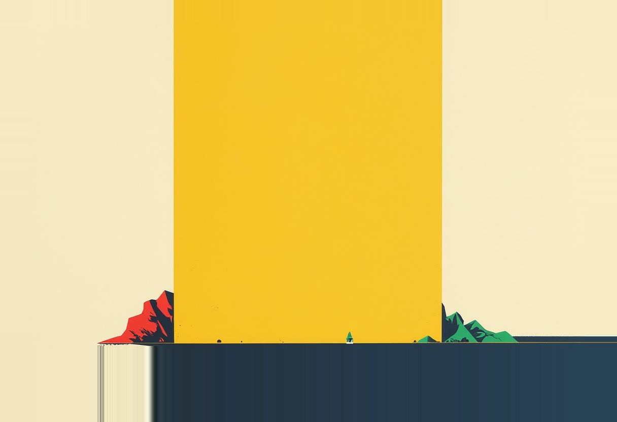 A tall yellow rectangular block stands between a red mountain range on the left and a green one on the right, above a dark blue horizontal band, with a tiny figure standing at its base.