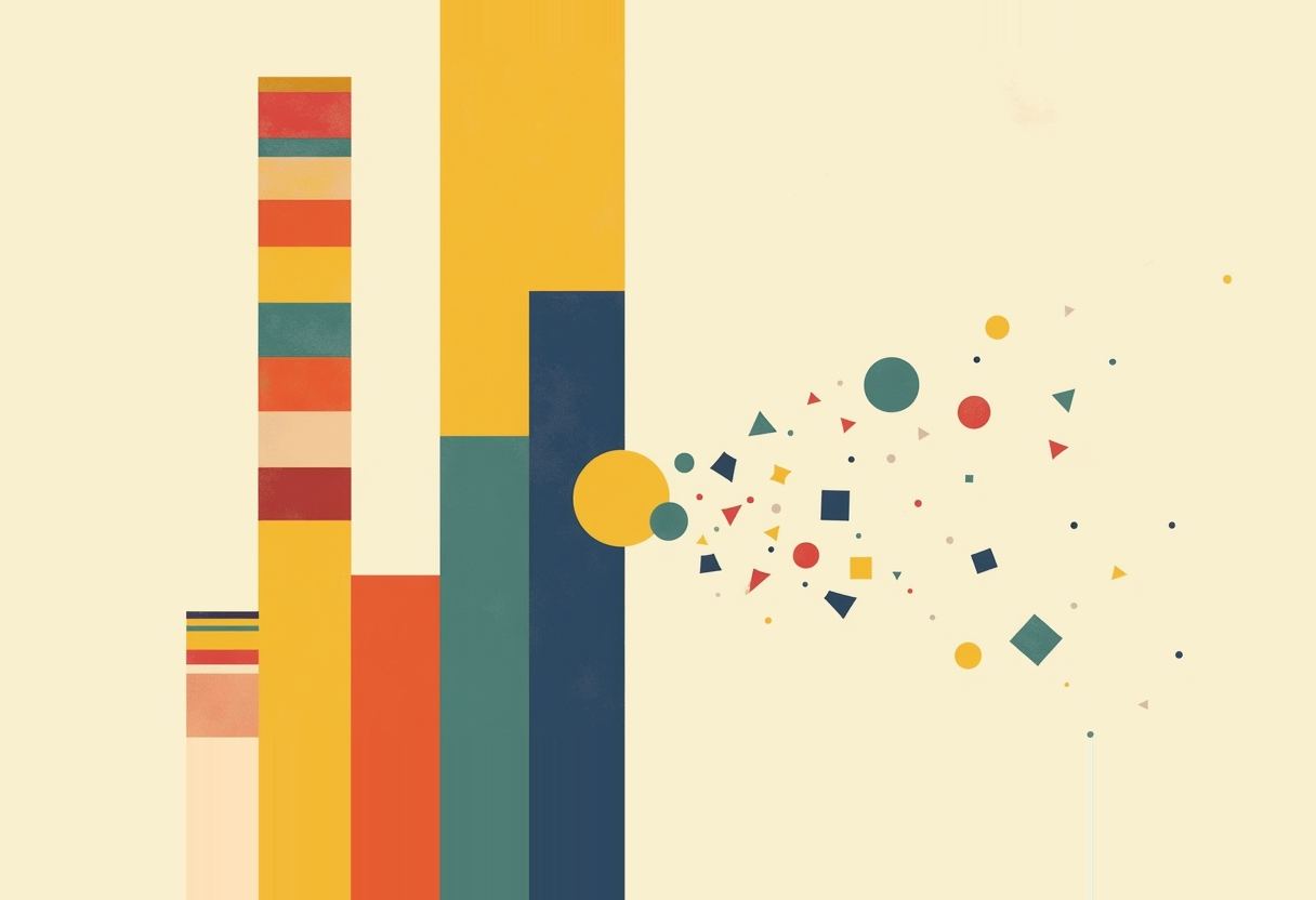 Tall striped and solid bar shapes in yellow, teal, red, and navy stand at left, breaking apart on the right into scattered small circles, triangles, squares, and diamonds against a cream background.