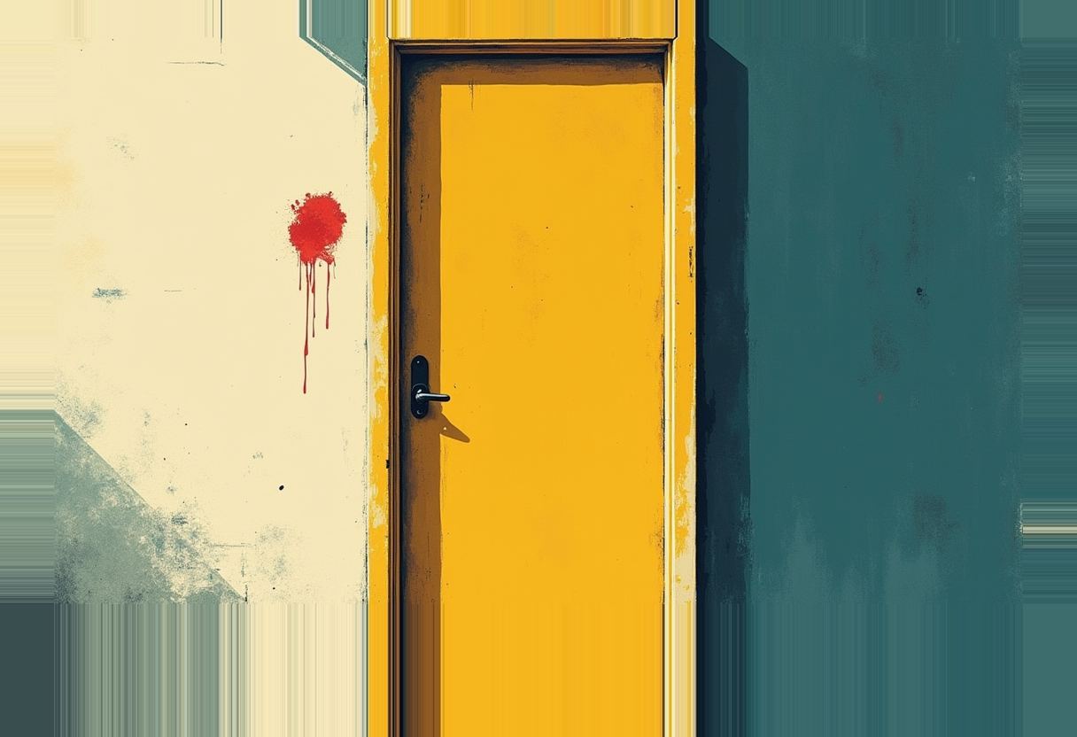 A closed yellow door with a black handle stands between a cream wall with a dripping red paint splatter and a dark teal wall.