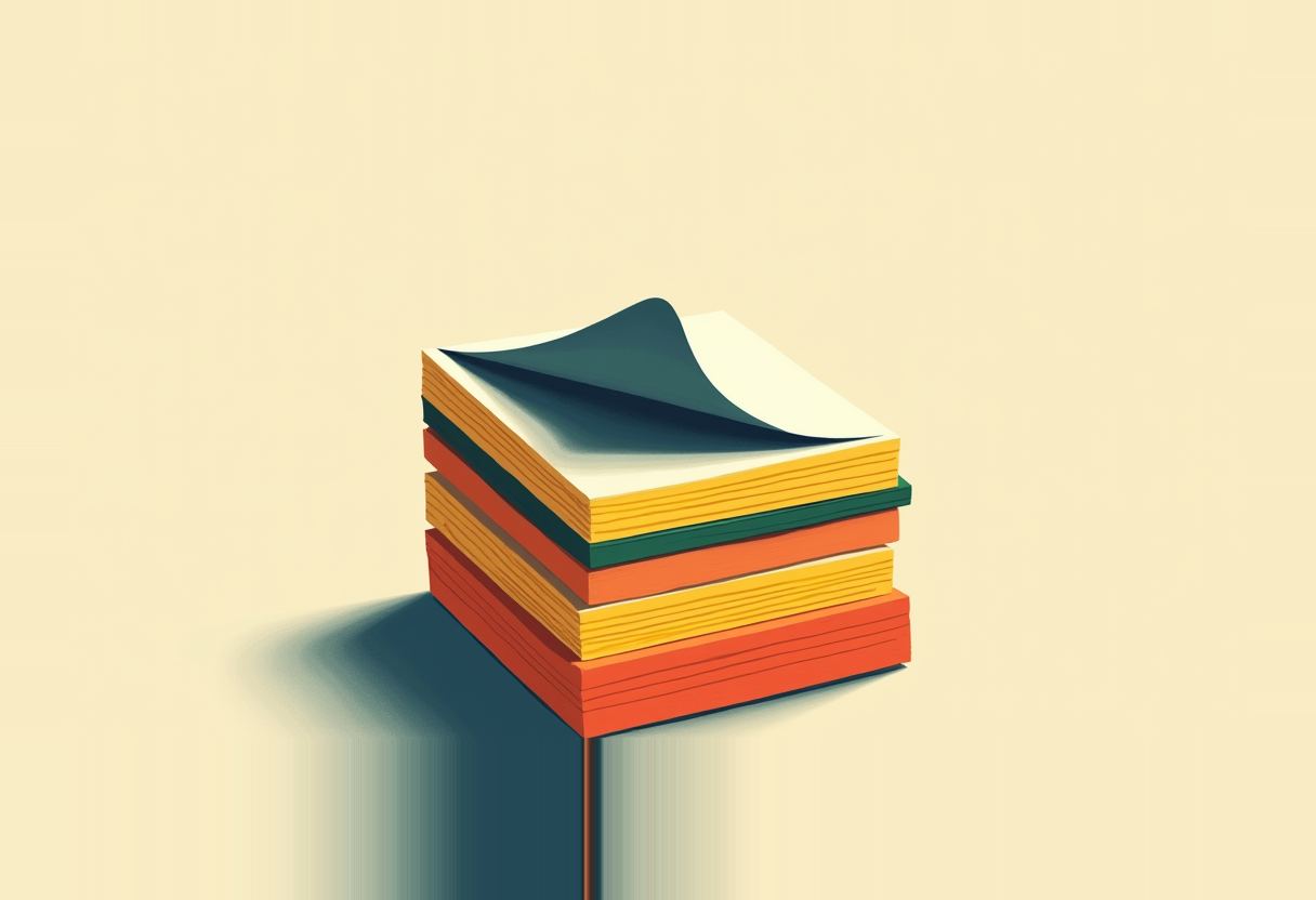 A stack of orange, yellow, and green paper sheets with the top page curling up, casting a shadow on a pale cream background.
