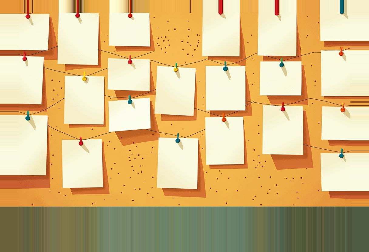 Blank cream index cards pinned with colored tacks on an orange corkboard, connected by black string, above a plain teal strip.